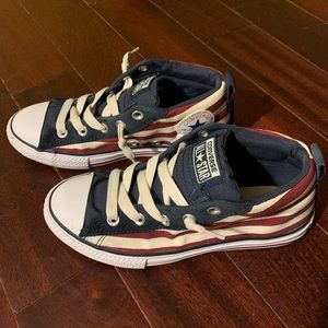 Red & White Striped Converse w/ Blue Top